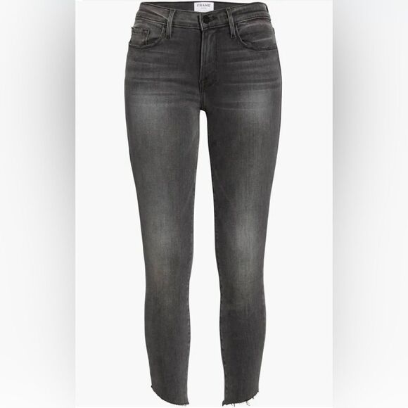 Frame Le Skinny de Jeanne Raw Hem Ankle Jeans in Black Grey Kinder, Size 28 - Picture 13 of 13